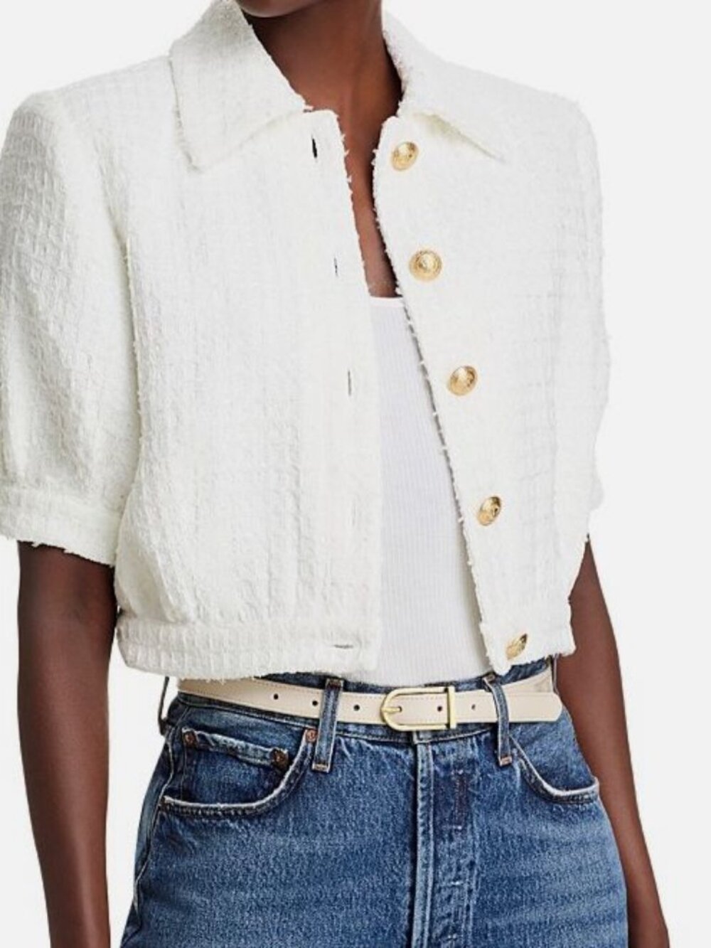 L'AGENCE Women's White Knit Cove Crop Lined Short-Sleeve Jacket Coat Size 10